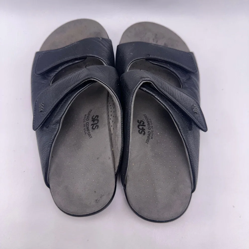 SAS Tripad Comfort Mens 9.5 W Black Leather Adjustable Slide Sandals USA Made